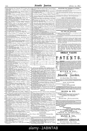 Les demandes d'EXTENSION DE BREVETS. La valeur des brevets étendus. MUNN & CO. 37 Park Row. De nouveaux livres et de publications. Une GRANDE VALEUR MUNN & CO. Les éditeurs des plus de 50000 APPLICATIONS INVENTIONS 25,000 MUNN & CO les spécifications et les dessins des brevets questions re mises en garde les Marques Dessins et modèles d'interférences et d'affectations. Extensions Ils ont également poursuivre les rééditions des brevets étrangers DES CONSEILS SUR LA VENTE DE BREVETS D'INTERFÉRENCES DES BREVETS LE DROIT DES BREVETS, etc. Voir Munn & SCIENTIFIC AMERICAN, 1871-04-15 Banque D'Images