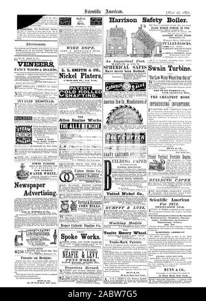 25000 CHEVAUX DE PUISSANCE EN COURS D'UTILISATION. HARRISON BOILER WORKS POULIES Philadelphie PA. Placages plaqués bois planches 170 et 172 Centre st. La publicité des journaux. Les brevets sur les dessins et modèles. MUNN & No 37 Park Row New York. Meilleur. Câbles d'acier. Le moteur Nickel Platers Allen travaille. ALLEN LE MOTEUR. Porter's régissent les bords droits standard des plaques et l'angle de la surface des plaques. L. W. PondNetc Outils. Très épais et l'amélioration des modèles. Un fait important. Un coffre-fort sphérique n'ont jamais été dépouillés. Coupe-boulon HOWARD iRON WORKS lBUFFALONY RUMPFF & LUTZ Working Models Tanite Emery roue. Brevets Marques de commerce. MUNN vapeur & CO. Banque D'Images