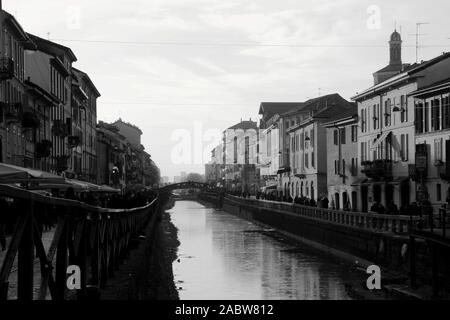 Naviglio de Milan, Italie, en noir et blanc Banque D'Images