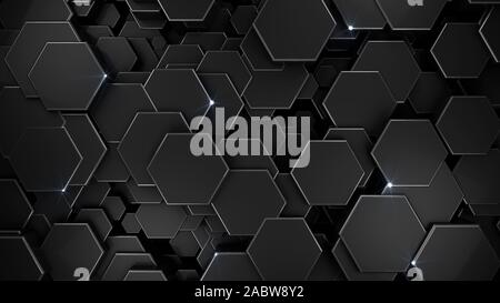 Matériau métallique foncé hexagones de rendu 3D, L'illustration. Banque D'Images