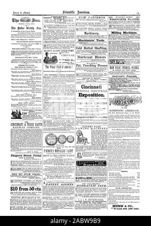 Un journal de l'époque actuelle. Destiné aux personnes maintenant sur Terre. Seulement un dollar par an ! Une centaine de copies pour 550 LE SEMI-WEEKLY SUN 2 $ PAR ANNÉE, LE DAILY SUN 6 $ par année. Le dollar WEEKLY SUN. Quatre dollars. Huit dollars. Quinze dollars. Trente-trois dollars. Trente-cinq dollars. Cinquante dollars. Le SEMI-WEEKLY SUN. Huit dollars. L'amélioration des brevets et le climat sain réglable de HomesGood les marchés. La NORTHERN PACIFIC RAILROAD TRANSPORTATION À TAUX RÉDUIT le bois. 96 CEDAR Street New York. Les outils des mécaniciens. EDWARD . HOSKIN Lowell Mass. Cincinnati Exposition. 55 CEDAR ST. NEW YORK Banque D'Images