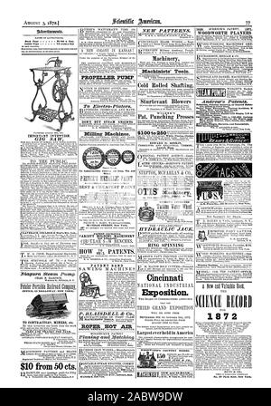 Des blessures. Toute la lumière durable et économique simple. Pour envoyer des circulaires. WROUGH 1 mon n° 37 Park Row. Maintenant York N'ACHETEZ PAS DES MOTEURS À VAPEUR 72 livres 96 CEDAR Street New York. Machines de moulage variété améliorée de brevets et brevets ROPER BANDE réglable de l'air chaud à la liberté 98. New York. WILDER'S Pat. Presses de poinçonnage EDWARD H. HOSKIN Lowell Mass. O TIS E109 NOUVEAU et couvercle-main à froid d'arbre. L'AMÉLIORATION DE RISDON, Scientific American, 1872-08-03 Banque D'Images