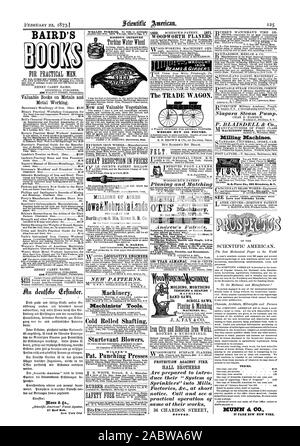 Ceinture de corde et du moteur. Smoke-Burning chaudières Sécurité. Moteurs oscillant double et unique 1-2 t 100-chevaux. 100 Pompes centrifuges à 100000 gallons d Gravier Sable Charbon céréales etc. avec o t blessure. Toute la lumière durable et économique simple. Pour envoyer des circulaires. Mortaisage MOULAGE MACHINES ; scies à ruban SCIES DÉFILEMENT BAIRD 87 Warr OloW New York États-unis Plano Co. 885 Broadway New York l'Iowa et le Nebraska. Terres, Scientific American, 1873-02-22 Banque D'Images