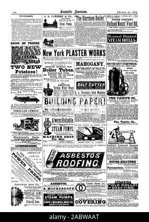 Le Harrison Chaudière." ni de 500 US$ en prix. Deux nouvelles pommes de terre ! La surprise de Compton 826 boisseaux t B. K. Bliss & SONS 23 Park Place à New York. Un SPHALTE revêtements bitumés. Le ciment portland Universal Wood Worker Horizontaland des machines de forage vertical. Très épais et améliorée. LUCIUS W. ÉTANG FABRICANT DE BÛCHERONS. La Messe d'EASTHAMPTON MACHINE SHOP pour la vente HARRISON BOILER WORKS PETER COOPER'S rempli Neat' pour l'huile de pied de machines de première classe. Diamond a fait des exercices de vapeur : Stroudsburg Monroe Co. Pa. A. S. CAMERON & INGÉNIEURS C CÂBLE MÉTALLIQUE. Les FABRICANTS TRENTON N. X. EMERSON A VU L'AMÉRICAIN CO DE FORAGE AU DIAMANT Banque D'Images