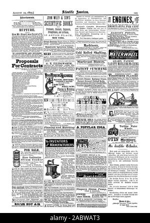 100 chevaux-puissance. par minute. Meilleures pompes dans le monde de la boue passage de gravier Sable Charbon céréales etc.. avec des blessures. Pour envoyer des circulaires. WATERWHEEL WOODWORTH Dégauchir les roues de l'eau de la turbine. Des machines. G. E. ILLINGWORTH NEVILLE ST. FOUNDRY LEEDS FRA. Les FABRICANTS DE TOUTES LES DESCRIPTIONS DE MORTAISAGE MOULAGE MACHINES ; scies à ruban SCIES DE DÉFILEMENT À VENDRE 15 ASTQR PLACE NEW YORK. Moteur MOTEUR C = =s 2.autto & go., Scientific American, 1873-08-23 Banque D'Images