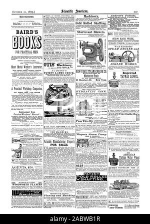100 chevaux-puissance. par minute meilleures pompes au monde pass out dommage. Toute lumière simple. Durable et économique. Pour envoyer des circulaires. Woodworth brevet Daniels et dimension de l'amélioration de raboteuses Barnes' pied des brevets et la puissance de la vapeur. scie, Scientific American, 1873-10-11 Banque D'Images