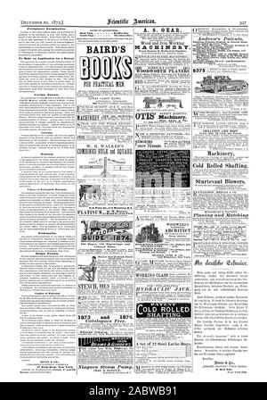 Ceinture de corde et du moteur. La combustion sans fumée Chaudières Sécurité. Moteurs oscillant double et unique à 2 100 chevaux-puissance. par minute meilleures pompes dans le monde de la boue passage de gravier Sable Charbon céréales etc. avec des blessures. Tous les muets] Simple et économique. Pour envoyer des circulaires. EwYork .N Plaque de couleur. L'hôtel WOODWARD'S ORANGE ARCHITECTE JUDD & C " LAMINÉS LOLD' ROULER. deuirche CLASSE TRAVAIL &finder. Les moins chers et meilleurs. Machines à froid d'arbre. Sturtevant soufflantes. Barnes' du pied et de la puissance de la vapeur. scie, Scientific American, 1873-12-20 Banque D'Images