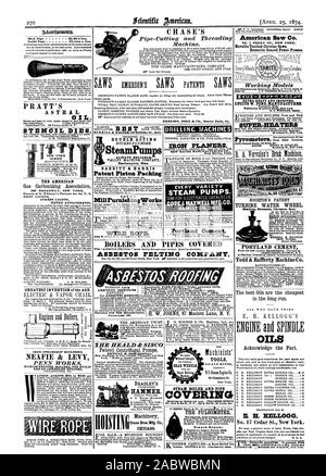 PRATT'S ASTRAL DE L'huile. L'AMERICAN IRON VIS DES CONSTRUCTEURS DE BATEAUX À VAPEUR. NEAFIE & LEVY ERS DE MOTEURS COMPOSÉS ANTED-AGENTS-$75 à $250 par SteamPumps DOUBLE EFFET TOUJOURS FIABLE. BABBITT ET HARRIS Piston Brevet CIP NOYE'S MillrurnishingWorks CÂBLES MÉTALLIQUES. American vu Co. n°1 la rue Ferry. New York. Movable-Toothed scies circulaires. Orientée excentrique presses mécaniques. INPROVED ET EXTRA-lourde. LUCIUS W. ÉTANG FABRICANT Branch consacre les surchauffeurs HOUSTON'S PATENT ZHE ct HEALD SISC ERTICAL & à l'horizontale. BRADLEY'S HAMMER. IMM CHICAGO. CHASE cents chacun. EMERSON FORD & CO. Beaver Falls Pa. chaudières et tuyauteries Banque D'Images