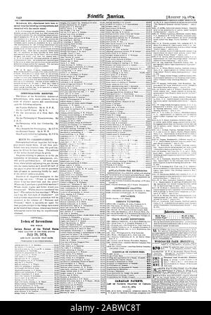 Les communications reçues. Pour qui les Lettres patentes des États-Unis ANNEXE DES TAXES DE BREVETS. Brevets canadiens. Liste DE BREVETS DÉLIVRÉS AU CANADA Retour Page 8100 une ligne. À l'intérieur de la page 75 c. la ligne. Institut de Worcester. Agréable et profitable d'em-, Scientific American, 1874-08-29 Banque D'Images