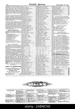 410 COMMUNICATIONS REÇUES. INDEX DES INVENTIONS Lettres patentes de l'United States ont été octroyées au cours de la semaine se terminant le 24 novembre 1874 et chaque roulement CETTE DATE. [26 décembre 1874. Barème des taxes de brevets. 910 925 $ 15 920 $ 30 820 810 830 D F a, Scientific American, 1874-12-11 Banque D'Images