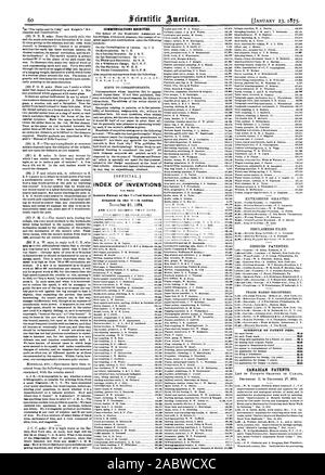 INDEX DES INVENTIONS Lettres patentes de l'United States ont été accordés dans la semaine se terminant le 22 décembre 1874 et chaque roulement CETTE DATE. Barème des taxes de brevets. Brevets canadiens., Scientific American, 1875-01-23 Banque D'Images