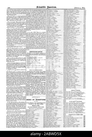 Les communications reçues. INDEX DES INVENTIONS Lettres patentes de l'United States ont été accordés dans la semaine se terminant le 2 mars 1875 et chaque roulement CETTE DATE. Barème des taxes de brevets. 825 815 820 810 820 830 813 830, Scientific American, 1875-04-03 Banque D'Images