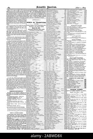 INDEX DES INVENTIONS Lettres patentes de l'United States ont été accordés dans la semaine se terminant le 30 mars 1875 et chaque roulement CETTE DATE. Barème des taxes de brevets. 810 825 815 820 810 820 830 810 810 815 830 brevets canadiens. Un lave-linge. 1 avril 1876., Scientific American, 1875-05-01 Banque D'Images