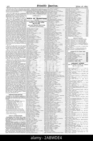 INDEX DES INVENTIONS 438 Lettres patentes de l'WEICIR ont été méplat 25 MAI 1875 ET CHAQUE ROULEMENT CETTE DATE. Barème des taxes de brevets. 913 920 910 920 930 910 910 913 930 brevets canadiens. OP LISTE DES BREVETS DÉLIVRÉS AU CANADA du 19 mai au 4 juin 1875., Scientific American, 1875-06-11 Banque D'Images