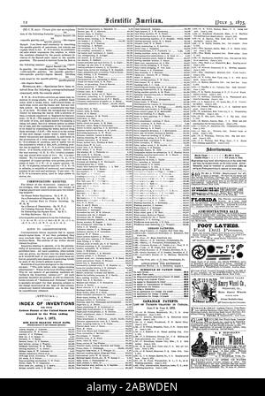 Barème des taxes de brevets. 820 820 830 815 830 LISTE DES BREVETS CANADIENS OP BREVETS DÉLIVRÉS AU CANADA VENTE DE L'administrateur. Tours à pied. 01 Roues d'émeri faire une grande satisfaction. Retour Page 81.00 une ligne. À l'intérieur de la page 75 c. la ligne. 10 DOLLARS PAR JOUR POUR DES INVENTIONS INDEX Lettres patentes de l'United States ont été accordées dans le Weelt et se terminant chaque roulement CETTE DATE. FLORIDA N. F. BURNHAM'S roue de l'eau., Scientific American, 1875-07-03 Banque D'Images