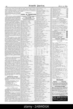 Les communications reçues. [.) INDEX DES INVENTIONS Lettres patentes de l'United States ont été accordés dans la semaine se terminant le 15 juin 1875 et chaque roulement CETTE DATE. Barème des taxes de brevets 815 810 820 830 810 815 830 brevets canadiens. Liste DE BREVETS DÉLIVRÉS AU CANADA Retour Page 81.00 une ligne. À l'intérieur de la page 75 c. la ligne. À l'ELECTRO-PLATERS., Scientific American, 1875-07-17 Banque D'Images