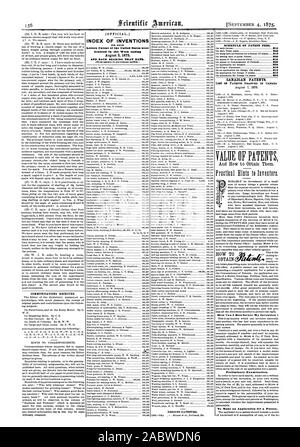 Les communications reçues. [. INDEX DES BREVETS DES INVENTIONS des États-Unis étaient le 3 août 1875 ET DE CETTE DATE. Dessins et modèles industriels brevetés. Barème des taxes de brevets. 810 825 815 l'émission d'eacn onginal 820 810 820 brevets sur demande de redélivrance 830 810 sur une demande de Design (834 ans) 810 815 830 brevets canadiens. OP LISTE DES BREVETS DÉLIVRÉS AU CANADA Le 7 août 1875. Comment puis-je sécuriser mon invention de betterave de l'examen préliminaire. Pour faire une demande de brevet., Scientific American, 1875-09-04 Banque D'Images