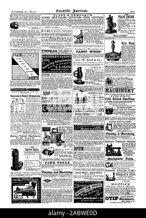 RS à la juste appeler American Institute et voir le nouveau dessin PRESSE & AUTRES OUTILS. Un sèche-cheveux-Feutre Feutre-saiii Fabricants & Matching EAGLE TOURS PIED FER ET MACHINES DE TOUTES SORTES. L'arbre de laminés à froid. Poulies pour courroies COUPLIN CINTRES GEORGE PLACE 121 108 $ Chambres & Reade 2te. N. Y. MON. BLAKE'S PATENT INDIA RUBBER MACHINES AMÉLIORÉES POUR ÉVITER IYIAC INERY CLARK & COMPANY'S PATENT L'ENROULEMENT, LES VOLETS D'ACIER RENOUVELABLE H. B. BIGELOW dk CO. New Haven dans le Connecticut, Scientific American, 1875-11-27 Banque D'Images