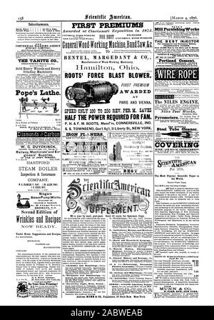 Le MOULIN NOYE rurnishingWorks la meilleure locomotive pour l'injecteur et l'arrêt des chaudières. Le brevet de Friedmann. Plus de 15 000 maintenant en usage ici et en B 105, rue de la Liberté à New York. Le ciment Portland NILES MOTEUR. Hamilton dans l'Ohio. Le Nettoyeur de tubes d'acier. Chaudière à vapeur NON COMBUSTIBLE ET TUYAU OVERING Le document scientifique les plus populaires dans le monde. Premières PRIMES BENTEL & ARGEDANT Wood-Working fabricants de machines racines" SOUFFLE FORCE SOUFFLANTE. MUNN dt CO. 7 PARK ROW. NE M NEW YORK. à l'intérieur de la page 75 c. la ligne. Le BURTUILU (LIMITED Le tour du pape CO. TANITE. 900 $ tour Fo9t l'alimentation ou 6 poulies Banque D'Images