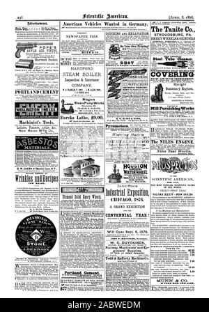 Les véhicules américains recherché en Allemagne. Ciment Portland SteamPumpWorks Tour Eureka de 9,00 $. Pour les couvreurs Builders& propriétaires. Le ciment Portland. Faire votre propre de l'impression ! Meilleur MURRILL & KEIZER. 44 Maison de vacances StBa t. Les PRIMES DU CENTENAIRE. B. K. Bliss & SONS MODÈLES DE TRAVAIL L'IIEALD & SISC VERTICALE ET HORIZONTALE.  %EMMA'. Sc HOUSTON. SzLovc WIscottsM ARON FONCTIONNE. 1876 CHICAG. Année du centenaire ! S'ouvre le 6 septembre 1876. W. C. DUYCKINCK Le Tanite Co. STROUDSBURG PA. Roues EMERY & GRINDERS STEADS NON COMBUSTIBLE ET TUYAU chaudière verticale couvrant les outils du machiniste. H. W. JOHNS 87 Maiden Lane N.Y. Deuxième édition de Banque D'Images