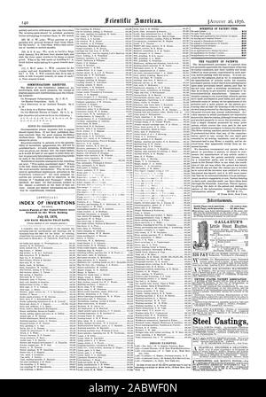 INDEX DES INVENTIONS Lettres patentes de l'United States ont été accordés dans la semaine se terminant le 25 juillet 1876 ET DE CETTE DATE. Page intérieure chaque insertion - 75 cents la ligne. Retour Page chaque insertion - 1,00 $ par ligne. . Pour l'EXÉCUTION DU GALLAHUE Machines Pièces moulées en acier, Scientific American, 1876-08-26 Banque D'Images