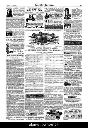 La Place George Machinery Agency ce que 25 cents vont acheter ! La sécurité d'Eureka ! Célébré PIED TOURS. Enregistrer l'huile. Utiliser les outils de l'Étang TOMLINSON DE BREVETS AUX ENCHÈRES Co. Machines Iron-Working N. F. BURNHAM'S 1874 ROUE DE L'EAU N. Y. STENCIL WORkS 87 Nassau 8t. N. Y. et précieux travail médical. $100.00 R LE CONDUIT BIEN WM. D. Andrews et FR. J.E.HUERKP.O. Box 979 Wood-Working supérieure de masse"Boston 1-1011 Machines Fabrication d'AlTD 19 W. 9th St. Cincinnati. Les moulages de fonte d'un substitut pour les coupes de bois pour l'illustration de l'estampillage Envoyer circulaire. La preuve cambrioleur., Scientific American, 1877 Banque D'Images