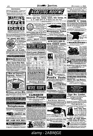 La norme ET FIABLE. Toiture PORTABLE SEULEMENT Avec 'White ignifugés revêtement. Pour les toits plats et raides dans tous les climats. En rouleaux prêt à l'emploi. Descriptif facilement des listes de prix etc. TILE TANITE C STROUDSBURG PA. GEO. PLACE 121 Chambers St. New York Agent. MACHINES DE FORAGE MIS EN 1844. JOSEPH C. TODD Page intérieure chaque insertion 75 cents la ligne. Retour Page chaque insertion - 81.00 une ligne. (À propos de l'eignt mots pour une ligne.) Gravures may chef annonces au même taux par ligne par mesures comme la lettre presse. Tisements Adver doivent être reçues à la publication Vice dès jeudi Banque D'Images