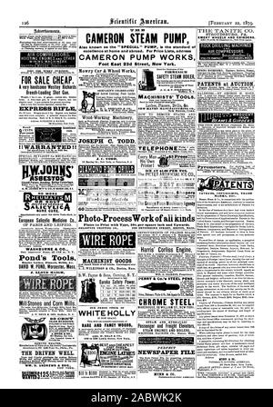 Advertionnents. L'EXTRACTION MINIÈRE ; à vendre bon marché. Un très beau Westley Richards Breech-Loading Shot Gun. Carabine EXPRESS Q CENTS JE GARANTIS !J'médecine salicylique Co. DE PARIS ET LEIPZIG. Étang de WASHBURNE & Co.'s Tools DAVID W. ÉTANG Worcester Mass. J. LLOYD HAIGH Meules et moulins de maïs. J. T. NOYE & SON Buffal N. Y. LE BIEN. WM. D. Andrews et FR. S JOSEPH C. TODD J. C. TODD DIAMOND ROCK sèche des modèles de travail marchandises Sécurité machiniste Eureka. Notre STOCK DE SÉCURITÉ FRAIS FIRMENICH chaudière à vapeur ou de cendres. J. G. & F. FIRMENICH OUTILS DES MÉCANICIENS. NEW HAVEN New MANUFACTURING CO. Banque D'Images