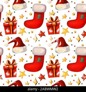 Modèle sans couture de Noël. Joyeux Noël avec l'arrière-plan, santa claus hat, boîte cadeau et étoiles isolé sur fond blanc. Convient pour p Banque D'Images