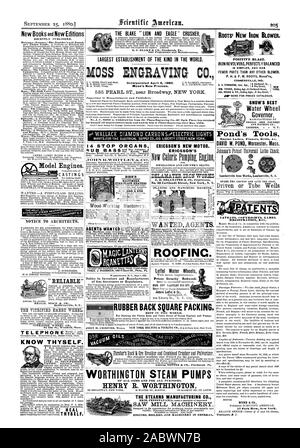 La garniture carrée RETOUR EN CAOUTCHOUC. Le MEILLEUR DANS LE MONDE. WORTHINGTON POMPES À VAPEUR DE TOUTES TAILLES ET POUR TOUS LES USAGES. HENRY R. WORTHINGTON THEO. J. HARBACH 809 Filbert St. Phila. Pa. L BLAKE 'LION' EAGLE CRUSHER ET PLUS GRAND ÉTABLISSEMENT DU GENRE DANS LE MONDE. J Mousse sur les nouveaux processus. CARB 0 NScorELECTRIC WALLACE DIAMOND LIGHTS MAN'F'D.POUR L'ALIMENTATION ÉLECTRIQUE CO.109 LIBERTÉ STREETNEW YORK. 14 ARRÊTER ORCAN 8 nouveau moteur d'Ericsson. Le BIBB BALTIMORE FIRE-PLACE CHAUFFANTES B. C. BIBB & SON Baltimore Md. LE STEARNS CO. CHAUDIÈRES MOTEURS ET MACHINES EN GÉNÉRAL. Scierie AGENTS VOULAIENT MACHINES Banque D'Images