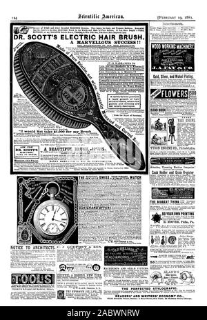 Que le Dr Scott's est la seule brosse électrique dans le monde et en pure soies Si vous avez acheté un fil métallique ou une brosse magnétique pensant que c'était celui-ci vous ont été imposées. DR. SCOTT'S ELECTRIC, brosse à cheveux. Rangez MAGNÉTIQUE QUI AGIT IMMÉDIATEMENT SUR LA C'est justifié de guérir les maux de tête nerveux T dans 5 minutes ! ! Guérir les maux de tête bilieux dans 5 minutes ! ! Traitement des névralgies dans 5 minutes !  Rev. Le Dr Bridgemami W e l'enverra à l'essai à la réception de services postpayés 3,00 qui sera retourné si ce n'est pas représentée. Maintenant RECOMMANDÉ PAR NOS MEILLEURS MÉDECINS.) Arrestations rapidement Trop tôt Banque D'Images