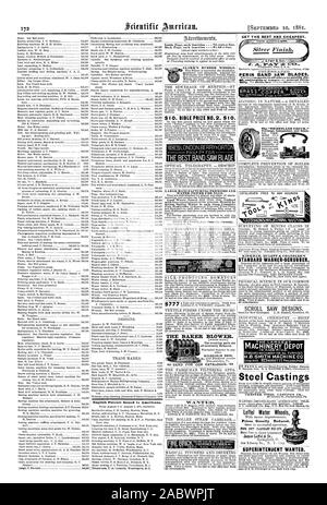 English Brevets délivrés à des Américains. Page intérieure chaque insertion 75 cents la ligne. Retour Page chaque insertion - S1.00 une ligne. Le boulanger la soufflante. Les pièces sont renouvelables tous les équilibré avec précision. WA NPEE) 4 PERIN LAMES DE SCIE EN LAITON. Le cuivre. L'SWEETLAND CHUCK :''un coma. KIRKHAM HULETT AU CHANDLER'S RONDELLE STANDARD-épurateur. Le plus grand dépôt de machines ou pièces moulées en acier CHEsTER Steel Castings Co. surintendant voulait. Leff& Eau roues prix grandement réduit. Cest LE MEILLEUR ET LE MOINS CHER. CLARK'S ROUES EN CAOUTCHOUC. La puissance de l'EAU POUR LA VENTE. L'eau de source de vapeur im chaque boutique Compléter JOHN WATSON Ayr Ontario Banque D'Images