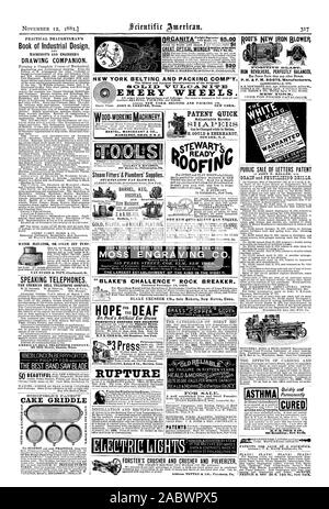 12 novembre 188 1 ntrrican ientific. UPT1TRE DU RAPPORTEUR POUR AVIS PRATIQUE Livre de DESIGN INDUSTRIEL ET DU MACHINISTE MÉCANICIEN COMPAGNON DE DESSIN. La Compagnie de Téléphone Bell américain American Bell Telephone Company 95 Rue Du lait Boston Mass. LE MEILLEUR GROUPE GÂTEAU DE LAME DE LA FIDIC PLAQUE un fer à repasser bien établie de la fonderie de l'acier anti ID Els PRIX DE CATALOGUE. Vente publique DE LETTRES PATENTES rapidement et définitivement l'asthme et la dyspepsie 833 Broadwa.Y. Nouveau Yora DES BREVETS POUR LA VENTE À UN SACRIFICE. L'ascenseur ou l'eau de la pompe à jet de vapeur. VAN DCZEN n'TIFT Cincinnati O. PARLANT D'UNE LIGNE TÉLÉPHONIQUE. Concasseur BLAKE branchicténies seul CO. Banque D'Images