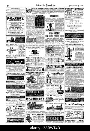 Pour des fins générales. OhiU Cincinnati. S. A. LE CAVALIER DE POMPAGE DE L'EAU MOTEUR DE COMPRESSION Leffel Roues prix grandement réduit. Bordée d'amiante Déhoussable 23 John St. New York lanternes magiques et brise roche CONCASSEURS DE MINERAI. FARREL ET FOUNDRY CO.. illanufrs Ansonia Conn. Copeland & Agents BACON New York. Le moniteur '.' UNE NOUVELLE LEVÉE ET NON DE L'INJECTEUR DE LEVAGE. Moteur À EAU JENKINS VALVES BREVET LA NORME JENKINS BROS.71ST.NEW YORK. TAPPINC l'ÉCROU DE LA MACHINE. HOWARD BROS., Scientific American, 1882-11-04 Banque D'Images