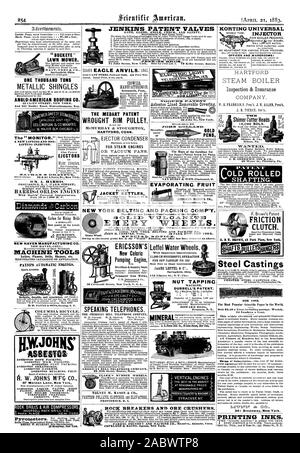 MACHINE de taraudage de l'écrou. DURRELL'S PATENT. MACHINEEYforprospect. KORTING INJECTEUR UNIVERSEL POUR L'ALIMENTATION DE LA CHAUDIÈRE. Les bureaux et les têtes de fraisage plus brillant : WAREROOMS 10000 vendus. L'AMJ7CIEL). Ligne d'arbre. Moulages d'acier pour 1883. Document scientifique les plus populaires dans monde. Seulement 93,10 dollars par an y compris l'affranchissement. Une fois par semaine. 51 numéros par an. MT-TITINT dz CO. LES ENCRES D'IMPRIMERIE. SLEGFO.P'ck Sk.V ? ? V-S Les Mines d' utiliser les Carolines SYRACUSE NI : JENKINS VALVES BREVET tondeuse à gazon. Le moniteur.' UNE NOUVELLE LEVÉE ET NON. L'INJECTEUR DE LEVAGE. L'ÉTAT DE NEW YORK ET L'EMBALLAGE POUR COURROIES COMP'Y. Le plus ancien et le plus grand fabricant de la Banque D'Images