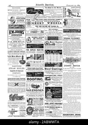 Lunettes MARINES DE MOTEURS À GAZ LE MOTEUR À GAZ CONTINENTAL CO. C vieux arbres laminés. L' écran. Suis Colombie-britannique Bicyclettes et tricycles. JOHN GREENWOOD &G EMERY ROUES. NEW YORK ET COURROIES PACKING CO. Nos 13 & 15 Park Row ppo. L'Astor House New York. GEORGE P. CLARK Windsor Locks Ct. AMERICAN MANCE  % CO. Waynesbor Pa. '4'') D'AGENTS voulaient. Van Duzen pompe à vapeur du brevet de parler d'un téléphone. Fmi : L'ENTREPRISE AMÉRICAINE EPIIONE DELL III.PoR 1884. Les plus populaires Article scientifique allumé le monde., Scientific American, 1884-02-23 Banque D'Images