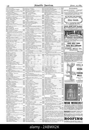 Dessins et modèles industriels. Les marques. ATAY & CO : PERIN LAMES DE SCIE À LA CHALEUR DANS LE CADRE DE PRODUIT CHIMIQUE à ce Moe et de tous les marchands de journaux. OOFING UUVER LES TRAVAILLEURS DU BOIS1NGFORBOILERSPIPES TUBES COMBUSTIBLES FOSSILES Repas Repas composé 48 Cedar Street New York. Exercices DEBOUT PLATE TOURNANT MILLS 48 et 72 pouce Swing. H. BICKFORD Cincinnati. L'Ohio. Cest LE MEILLEUR ET LE MOINS CHER., Scientific American, 1884-04-12 Banque D'Images