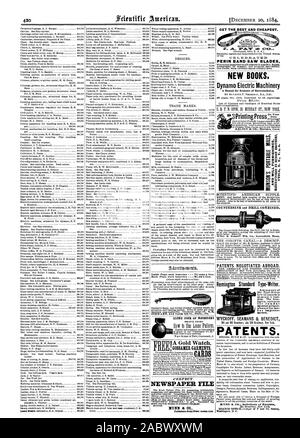 Dessins et modèles industriels. Les marques. Chaque fichier journal une w ho souhaite conserver le papier. Les éditeurs adresse Csrr.LiTrinc TIGD CELMBRA.ctim auxine PERIN Lames de scie de nouveaux livres. Appareil électrique à dynamo un manuel pour les étudiants d'Electroteohnics. E. St F. N. SPON 35 Murray Street. New York. SCIENTIFIC AMERICAN SOUPLE comment il le considère comme une aide io busi. WYCKOFF. SEAMANS & BENOÎT BREVETS À L'ÉTRANGER négocié. Tous les utilisateurs de machines CEST LE MEILLEUR ET LE MOINS CHER. SILVER Fl° TENTES., 1884-12-20 Banque D'Images