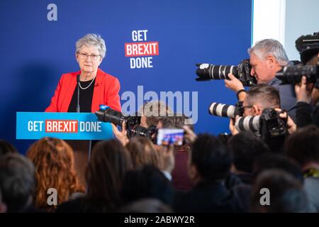 Ancien député travailliste Gisela Stuart s'exprimant lors d'une conférence de presse à Millbank Tower, London, tandis que sur la campagne électorale générale trail. Banque D'Images