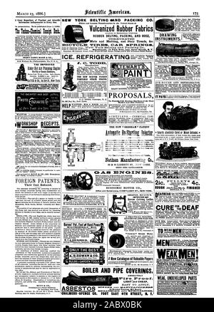 NEW YORK !POUR COURROIES ET PACKING CO. plus anciens et des plus grands fabricants dans l'United States tot en caoutchouc vulcanisé de courroie de caoutchouc et de tissus d'emballage flexible de nattes et les marches d'escalier &c. La glace. Dispositif de MFG. New York (0 CO. Pa.. UCC)3:031:1 Fabricant. La NOUVELLE MACHINE À VAPEUR PORTABLE BREVET BAXTER. J. C. TODD N. J. Paterson ou 36 Dey St. New York. Peinture couleurs rouge et brun. INGS. Clôtures SERRURERIE en briques de grades d'oxyde de fer. Envoyer à circulaire. H. Stewart W. Adresse 74 Cortiandt Street New York. Prêt pour toitures nouvelles toitures. Des propositions visant à fournir des machines de rembobinage de la soie plus moderne Banque D'Images