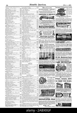 SHIELDS & BROWN POUR LES CHAUDIÈRES ET LES TUYAUX À VAPEUR FRICTION Poulies et Cut-offCouplings. BOSTON SENTINELLE TEMPS AMÉLIORÉ DÉTECTEUR AVEC VERROUILLAGE DE SÉCURITÉ PIÈCE JOINTE. Produits en métal estampé LA MEILLEURE POMPE À VAPEUR. fournaise. ACCOUPLEMENTS Poulies ROCHESTER N.Y. FICHIER JOURNAL NUNN & CO. Standard américain Remington Type-Writer MANI  % CO. L'ÉQUILIBRE CHÂSSIS ORMSBY. Porte-GUILLOTINE ORMSBY CO. B. & A. DEPOT. Presses de poinçonnage de TÔLES COODB MIddletroomcon. Les moteurs électriques, Scientific American, 1886-05-01 Banque D'Images