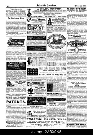 Mention PHONOCRAPHY ce papier. INSTRUMENTS. Veste de brevets des bouilloires et des batteuses. La fabrication de caoutchouc et de gutta-percha. CO. : New York Chicag San Francisc Toronto. Têtes à bride hydraulique pour la force inégalée et d'uniformité. Le DICKSON MANUFACTURING CO., Scientific American, 1886-06-26 Banque D'Images