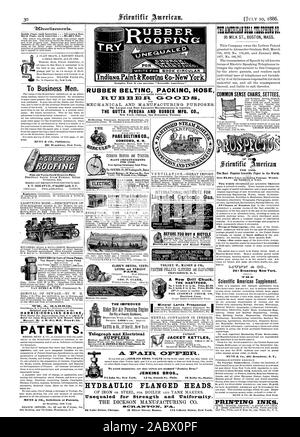 BELTINC en caoutchouc flexible d'emballage le plus grand et le plus étendu de fabricants dans un merica. La fabrication de caoutchouc et de gutta-percha. New York CO. Chicag San Francisc Toronto. Retour Page chaque insertion - 81.00 une ligne. Pour les hommes d'affaires. MUNN & CIE Éditeurs 361 Broadway New York. Tan Buzen pompe à vapeur du brevet original et Builder ni l HARRIS-MOTEUR CORLISS envoyer copie de l'ingénieur et l'utilisateur de vapeur des brevets. Ik MUNN CO. Procureurs des brevets PAGE BELTING CO. CONCORD N. H. DE NOMBREUSES AMÉLIORATIONS Nouveau Catalogue Printemps envoyés gratuitement. FrfrAr Andrews' 4ÉLECTRIQUE Bureau d'un bureau de la Banque mondiale et l'amélioration de la Telegraph et électriques Banque D'Images