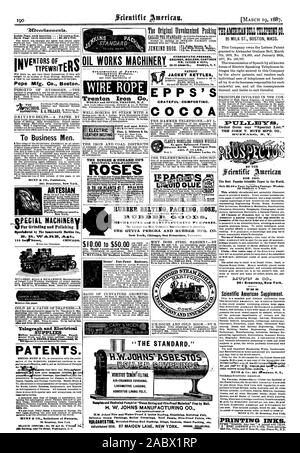 0 ENGINS DE TRAVAUX PUBLICS MOTEURS HYDROSTATIQUES CHAUDIÈRES PRESSES MOULAGES WM. TAYLOR & SONS 23 à 39, rue Adams Brooklyn N. Y. COURROIE DE CAOUTCHOUC FLEXIBLE D'EMBALLAGE rr et confiture. ca. 3z. ow la gutta percha AND RUBBER MFG. L'AIR CO.-CHAMBRE COUVRANT. Retard de la locomotive. Doublure de l'amiante. 'La norme.' H. W. JOHNS MANUFACTURING C'MANCIFACITUBERS D'IP, Scientific American, 1887-03-19 Banque D'Images