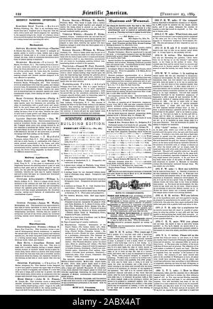 Récemment les inventions brevetées. L'ingénierie. Mécanique. Appareils de fer. Agricole. Divers. Numéro de février., Scientific American, 1889-02-11 Banque D'Images