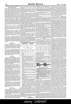 Récemment les inventions brevetées. Appareils de fer. Agricole. Mécanique. Divers. SCIENTIFIC AMERICAN '3usinese calb 'Weroonat 1889-05-11,. Banque D'Images