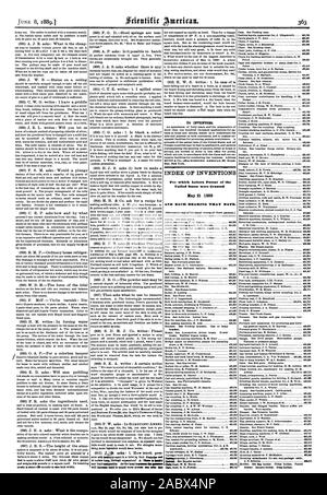 Pour les inventeurs. INDEX DES INVENTIONS pour lesquelles Lettres patentes de l'United States ont été octroyées et chacun portant cette date., Scientific American, 1889-06-08 Banque D'Images