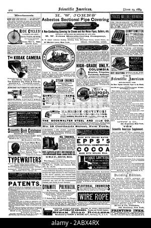 Tuyau en Coupe d'amiante couvrant un Non-Conducting couvrant pour la vapeur et les tuyaux d'eau chaude chaudières etc. facilement fixées ou déposées par un seul. H. W. Johns" Flre-Proof Couverture Feutres Amiante Bâtiment Peintures les peintures liquides etc. les locomotives à vapeur à la verticale et horizontale et Semi-Portable Portable. 8 à 18 chevaux de puissance. LEFFEL AMES &CO. SPRINGFIELD OHI S EMERSON SMITH & Co. (Ltd.) S Beaver Falls Pa. rend instantanément 100 Division du travail : .915.00. Le rechargement 82.00. L'Eastman Dry Plate & Film Co. Rochester N. Y. JE 15 Londres Oxford St.. JENKINS' VENTOUSE AUTOMATIQUE publié récemment. 361 Broadway Banque D'Images