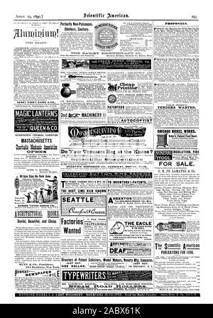 Annuaire des avocats de brevets des maquettistes Nouveauté Mfg. concerne l'intérêt pour les inventeurs. TYPEWRITER CHATTANOOGA utile beau et bon marché. HENRY CAREY BAIRD & CO. 810 Noix de Philadelphie Pa. U. S.A. lanternes magiques JE MENTS NiR cia'L.7 [reine &CO. Dix-septième exposition triennale MASSACHUSETTS 1 octobre 1890 JAMES G. Haynes, directeur général. Tous les âges peuvent profiter de ce jeu. Intensément amusant post-payée, FLÈCHE CAOUTCHOUC CO. LE MEILLEUR FOUR À CHAUX CONNU SEATTLE POUR LA VENTE. L'isolation en laine minérale 'FIRE CLEVELAND OHIO. Propositions. ncisc" à l'U. S. Marine 5500.00 PREMIUM. Offres voulaient. CHICAGO Banque D'Images