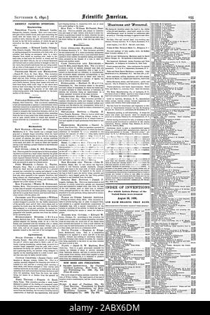 Récemment les inventions brevetées. L'ingénierie. Mécanique. Agricole. Divers. De nouveaux livres et de publications. Pour les inventeurs. INDEX DES INVENTIONS pour lesquelles Lettres patentes de l'United States ont été octroyées le 26 août 1890 et chaque roulement CETTE DATE., Scientific American, 1890-09-06 Banque D'Images